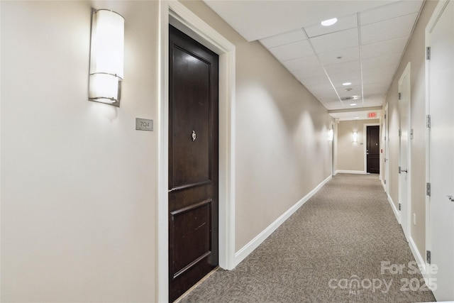 hallway featuring carpet flooring and a paneled ceiling