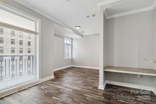 empty room featuring dark hardwood / wood-style flooring, built in desk, and crown molding