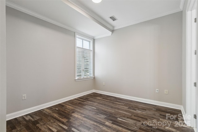 unfurnished room featuring dark wood-type flooring and crown molding