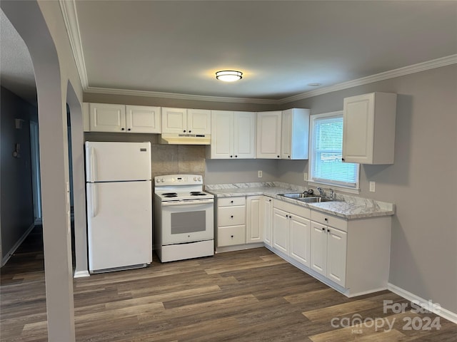 kitchen featuring white appliances, under cabinet range hood, ornamental molding, and a sink