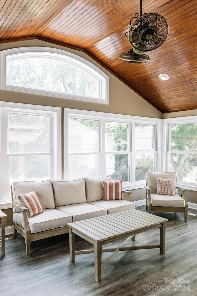 living room with wood-type flooring, wooden ceiling, and vaulted ceiling