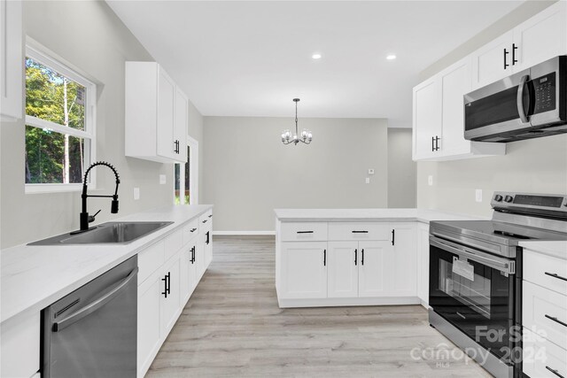 kitchen featuring light wood-type flooring, white cabinetry, sink, kitchen peninsula, and stainless steel appliances