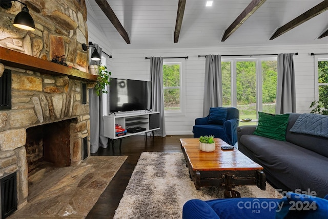 living room with dark wood-type flooring, a fireplace, lofted ceiling with beams, and wood walls