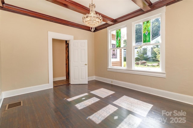 unfurnished room with dark hardwood / wood-style flooring, crown molding, beamed ceiling, and an inviting chandelier