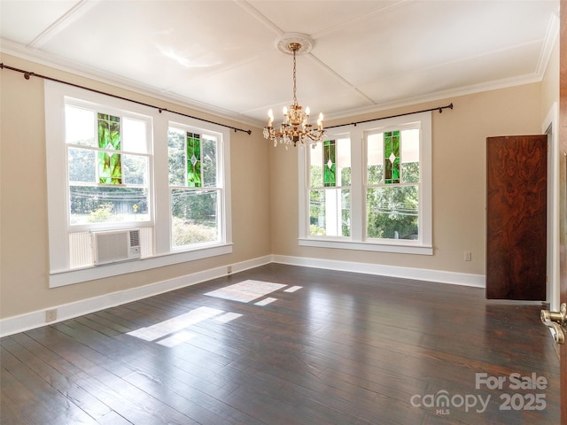 empty room featuring crown molding, a chandelier, cooling unit, and dark hardwood / wood-style flooring