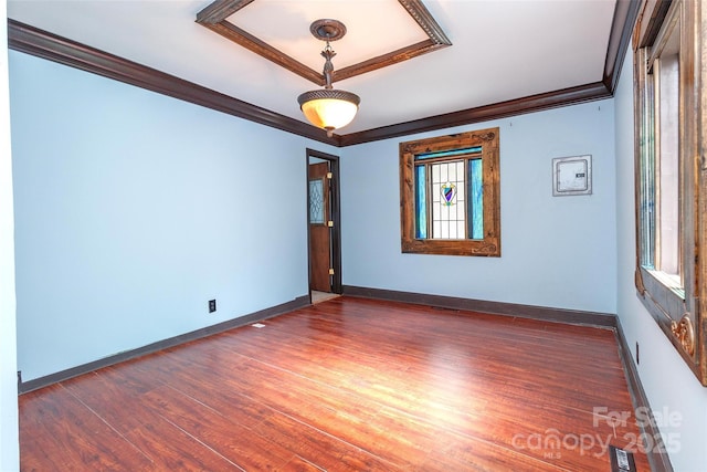 unfurnished room with dark hardwood / wood-style flooring and ornamental molding