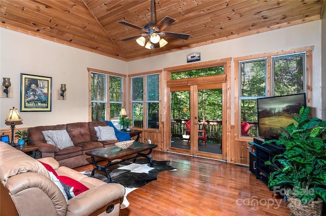 living room with french doors, lofted ceiling, wood ceiling, ceiling fan, and hardwood / wood-style floors