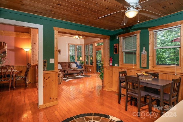 dining space with hardwood / wood-style flooring, ceiling fan, wooden walls, and wood ceiling