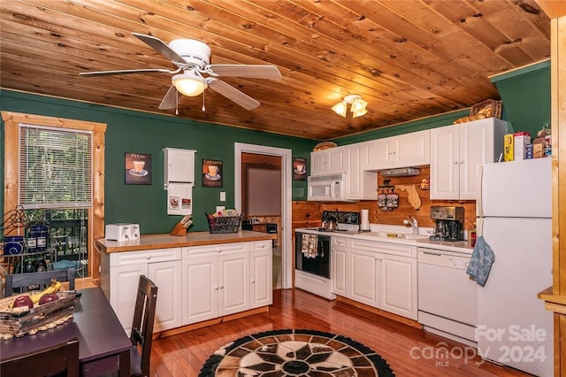 kitchen featuring white cabinetry, wood-type flooring, sink, wooden ceiling, and white appliances