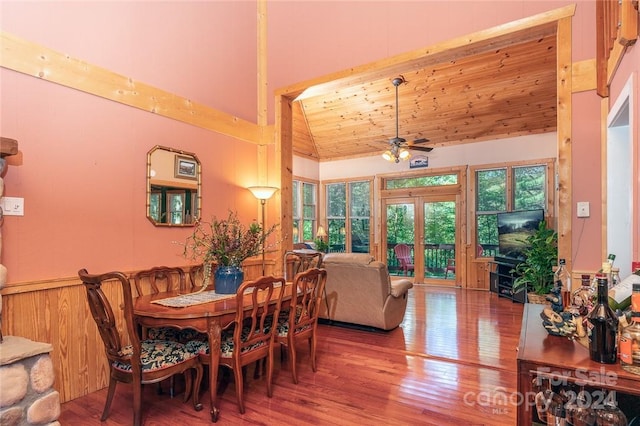 dining area featuring ceiling fan, high vaulted ceiling, wood-type flooring, wooden ceiling, and french doors