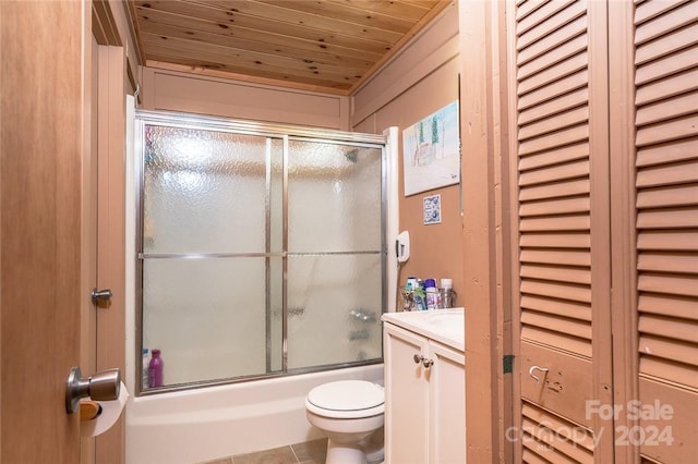 full bathroom with tile patterned floors, toilet, wooden ceiling, vanity, and enclosed tub / shower combo