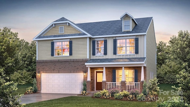 craftsman house featuring a garage, a lawn, and covered porch