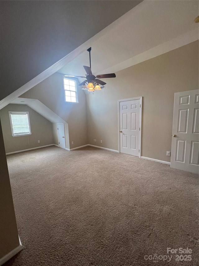 additional living space with plenty of natural light, vaulted ceiling, and carpet