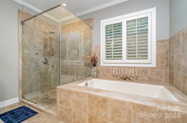 bathroom with ornamental molding, shower with separate bathtub, and tile patterned flooring