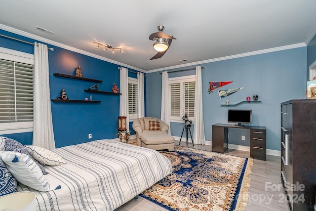 bedroom with crown molding, ceiling fan, and light wood-type flooring