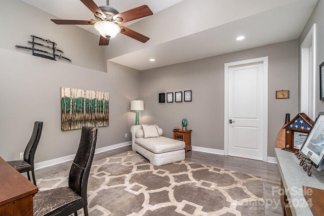 office area featuring hardwood / wood-style flooring and ceiling fan