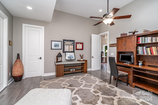 office space with wood-type flooring, vaulted ceiling, and ceiling fan