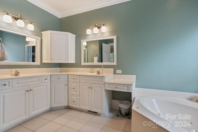 bathroom with tile patterned flooring, a washtub, crown molding, and dual bowl vanity