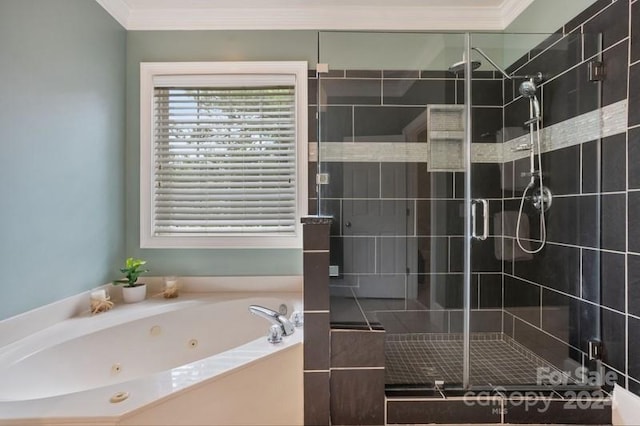 bathroom with crown molding and plus walk in shower