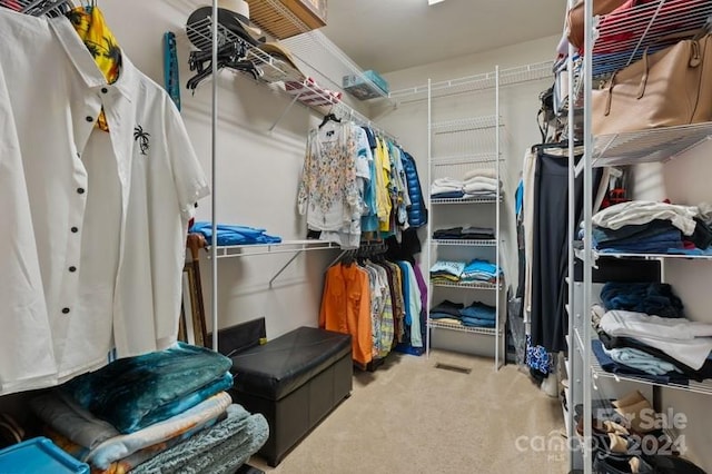 walk in closet with light carpet