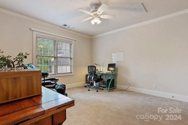 office area with carpet floors, crown molding, and ceiling fan