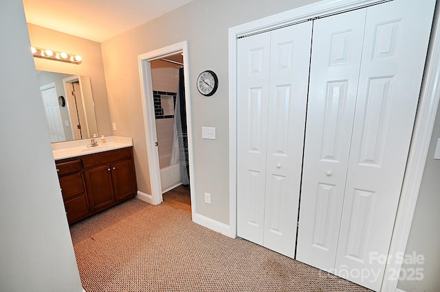 bathroom with vanity and shower / bathtub combination with curtain