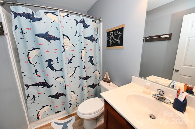 bathroom with vanity, a shower with curtain, wood-type flooring, and toilet