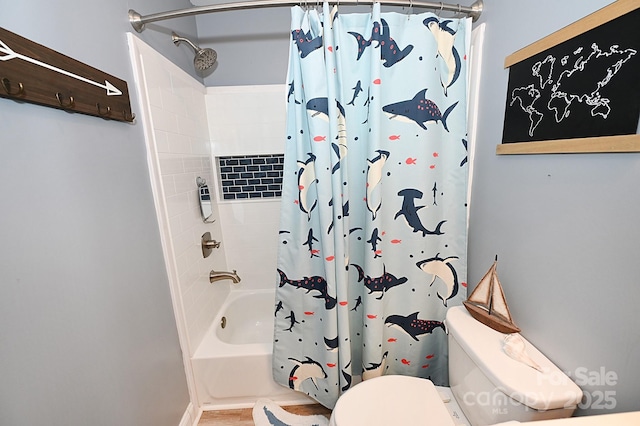 bathroom with toilet and shower / bathtub combination with curtain