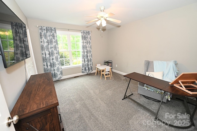 miscellaneous room with carpet floors and ceiling fan