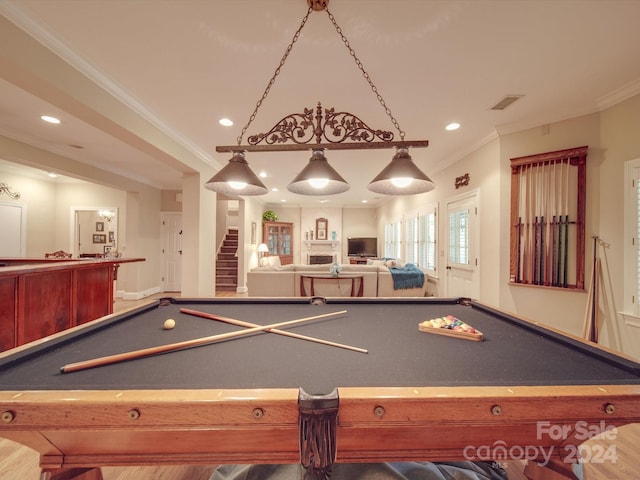 rec room featuring pool table and ornamental molding