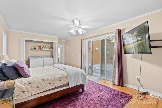 bedroom with ornamental molding, access to outside, light wood finished floors, and baseboards