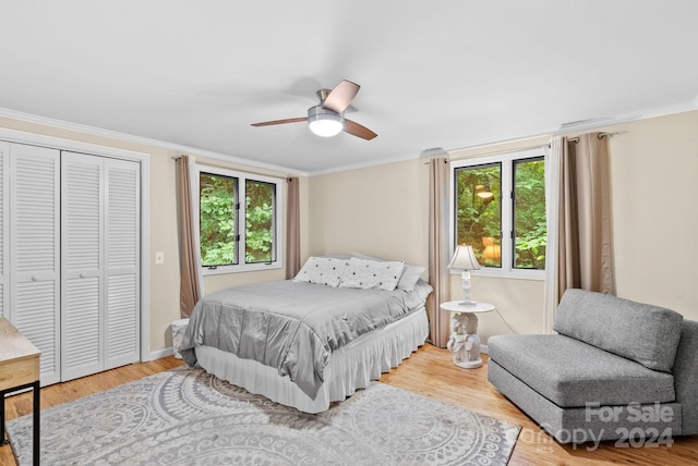 bedroom featuring ornamental molding, a ceiling fan, a closet, and wood finished floors