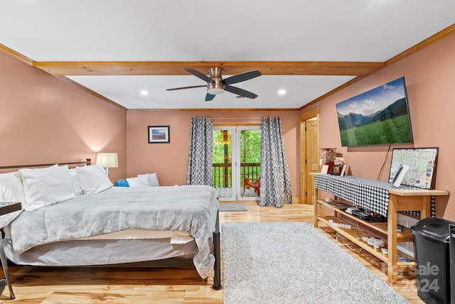 bedroom featuring recessed lighting, wood finished floors, access to outside, ornamental molding, and beam ceiling