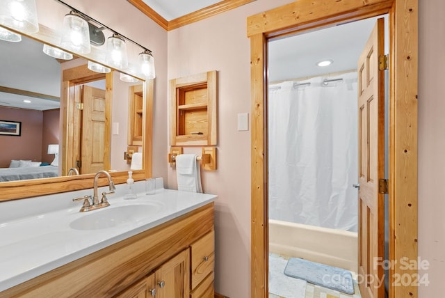 full bathroom with ornamental molding, shower / bath combination with curtain, connected bathroom, and vanity