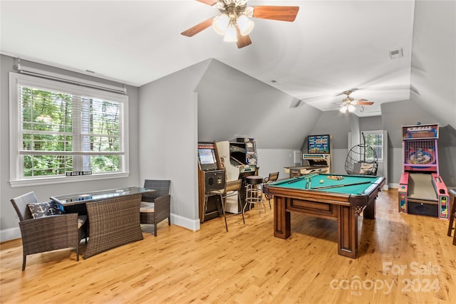 game room with vaulted ceiling, light hardwood / wood-style flooring, billiards, and ceiling fan