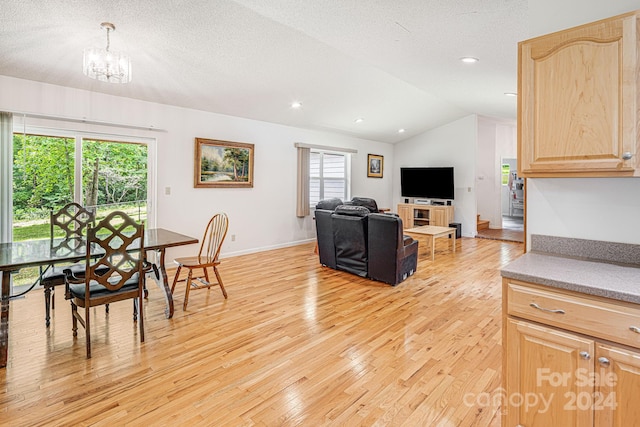 interior space with vaulted ceiling, a wealth of natural light, a textured ceiling, and light hardwood / wood-style floors