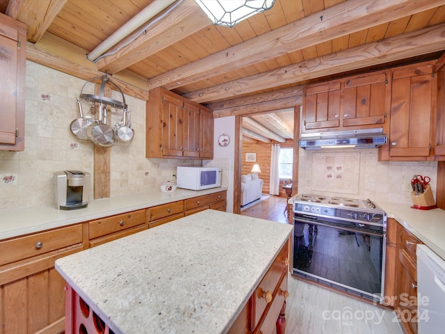 kitchen with white appliances, wood ceiling, hanging light fixtures, beam ceiling, and decorative backsplash