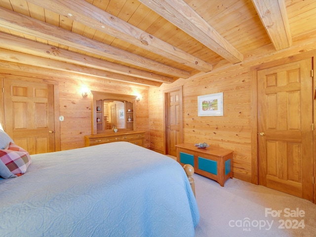 bedroom featuring wooden walls, wooden ceiling, and beamed ceiling