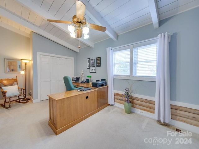 carpeted office space with vaulted ceiling with beams, wood ceiling, and ceiling fan