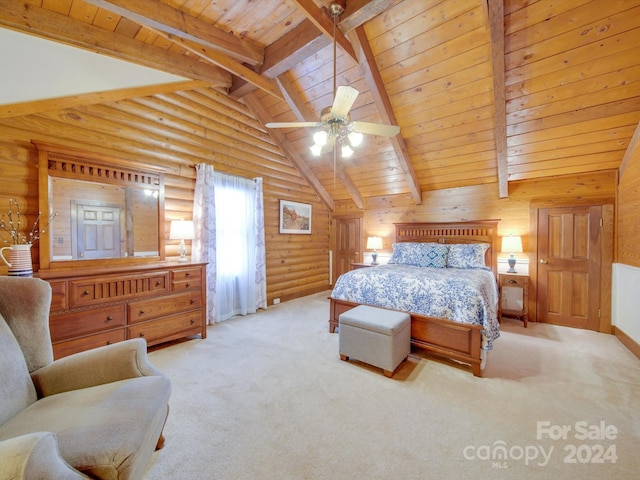 carpeted bedroom with wood ceiling, log walls, and lofted ceiling with beams