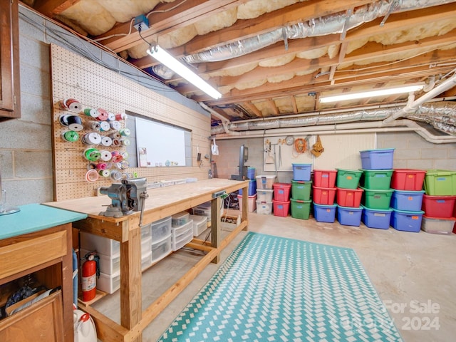 basement with a workshop area