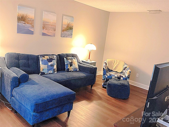 living room featuring a textured ceiling and hardwood / wood-style flooring