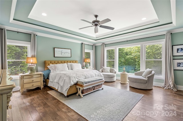 bedroom with ceiling fan, dark hardwood / wood-style floors, and a tray ceiling