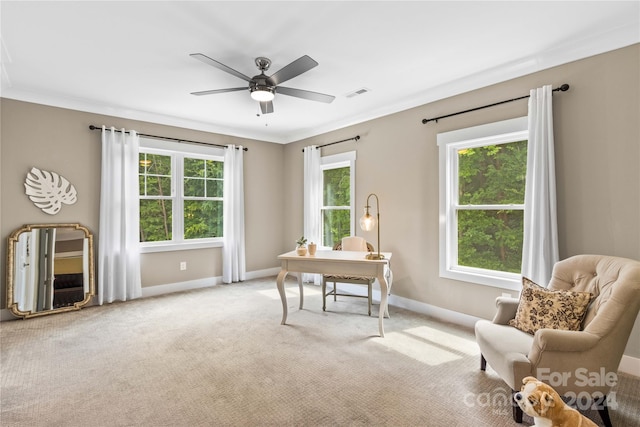 office area with plenty of natural light, light carpet, and ornamental molding