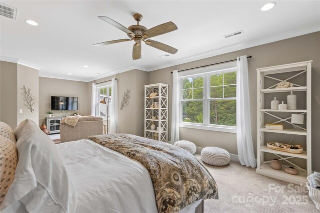 127 Tradition Ln, Mooresville, NC 28115 - bedroom featuring visible vents, recessed lighting, ornamental molding, and light colored carpet