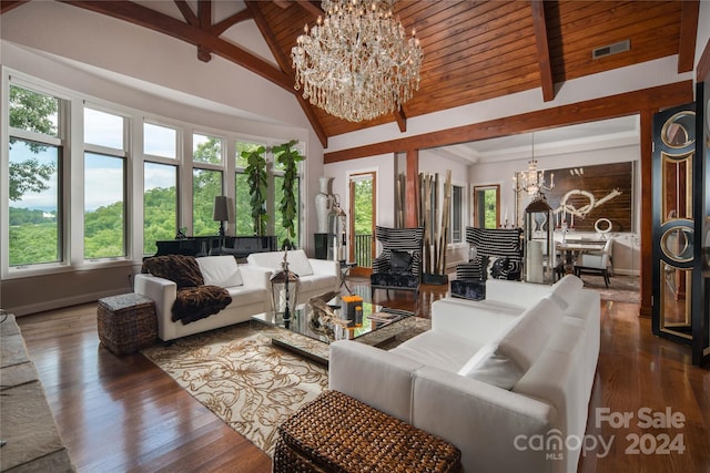 living room featuring an inviting chandelier, wood ceiling, high vaulted ceiling, dark hardwood / wood-style flooring, and beam ceiling