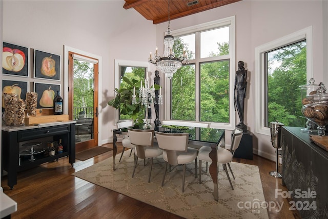 sunroom with wood ceiling and a chandelier