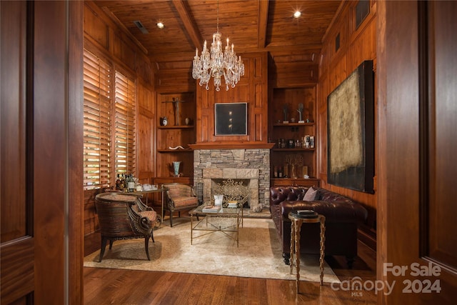 living area featuring dark wood-type flooring, wooden ceiling, a fireplace, and wood walls