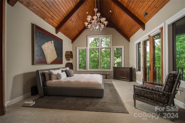 carpeted bedroom with multiple windows, wooden ceiling, an inviting chandelier, and lofted ceiling with beams