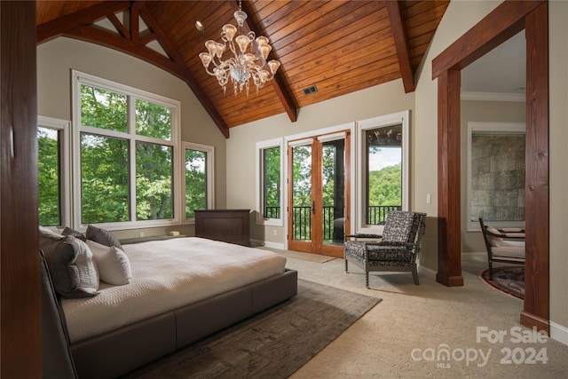 carpeted bedroom featuring french doors, wooden ceiling, access to outside, a notable chandelier, and beam ceiling